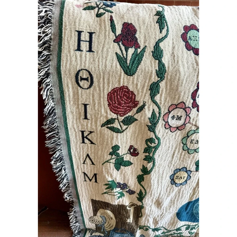 Vintage Panhellenic Sorority Greek Life Woven Tapestry Throw Blanket Fringe Rare